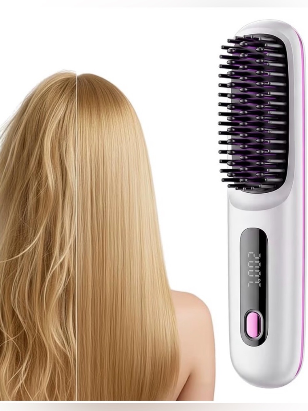 Cordless Hair Straightening Brush LCD Display 3 Heat USB Rechargeable